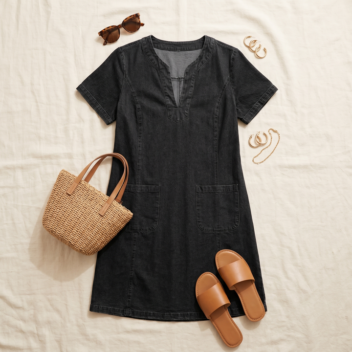 Aurelene Women's V-Neck Denim Dress with Pockets - Elena Harper