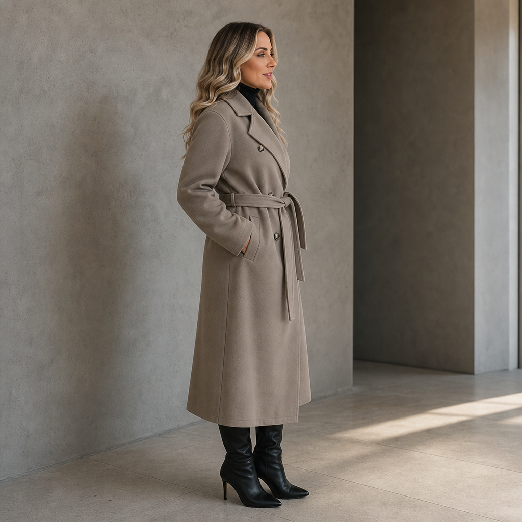 Belted Belle Double-Breasted Belted Long Coat - Elena Harper