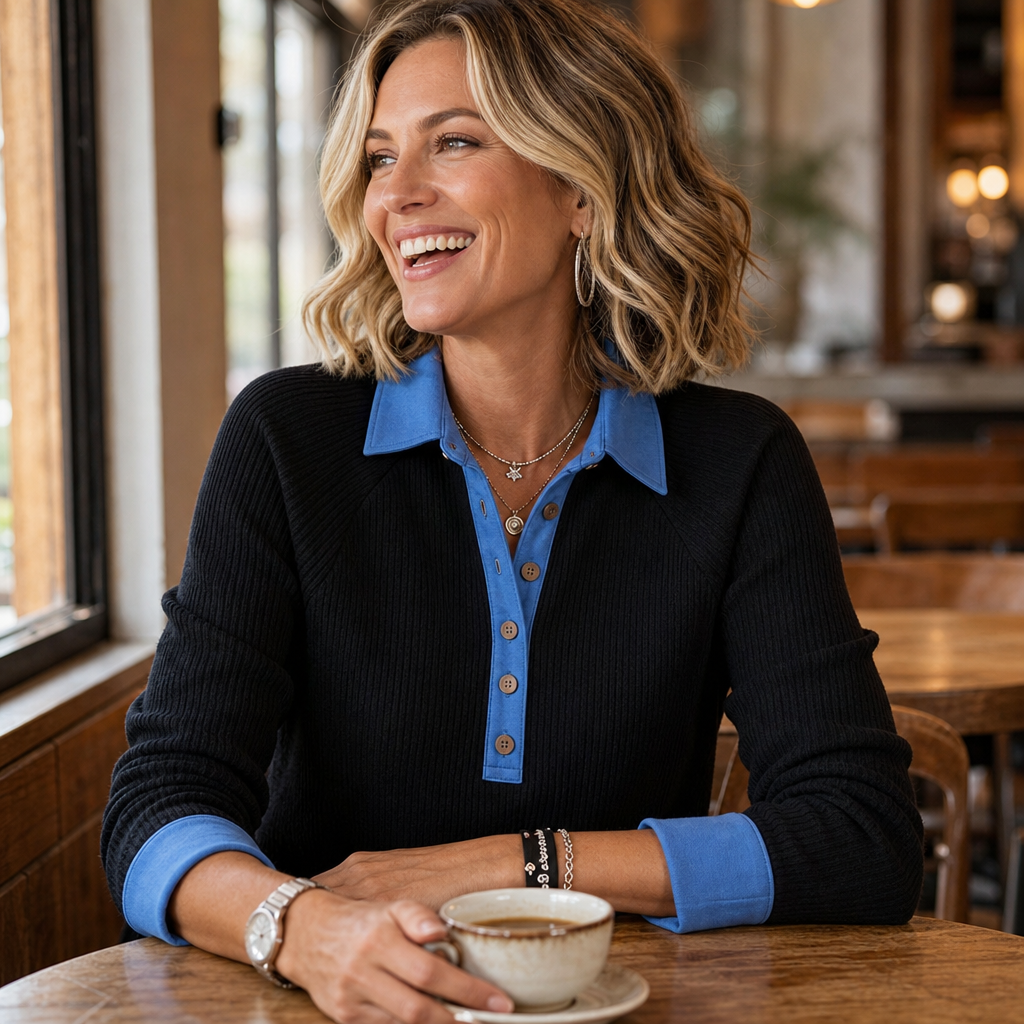 Denimelle Denim-Trim V-Neck Knit Top - Elena Harper