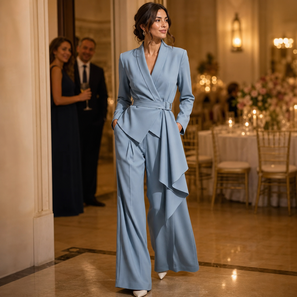 Drapevera Buckle-Belted Wrap Blazer And Wide-Leg Trouser Set - Elena Harper