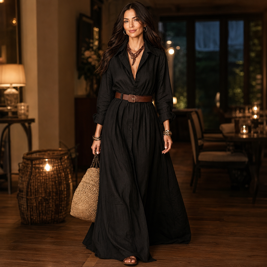 Beltelle – Long-Sleeve Belted Maxi Shirt Dress