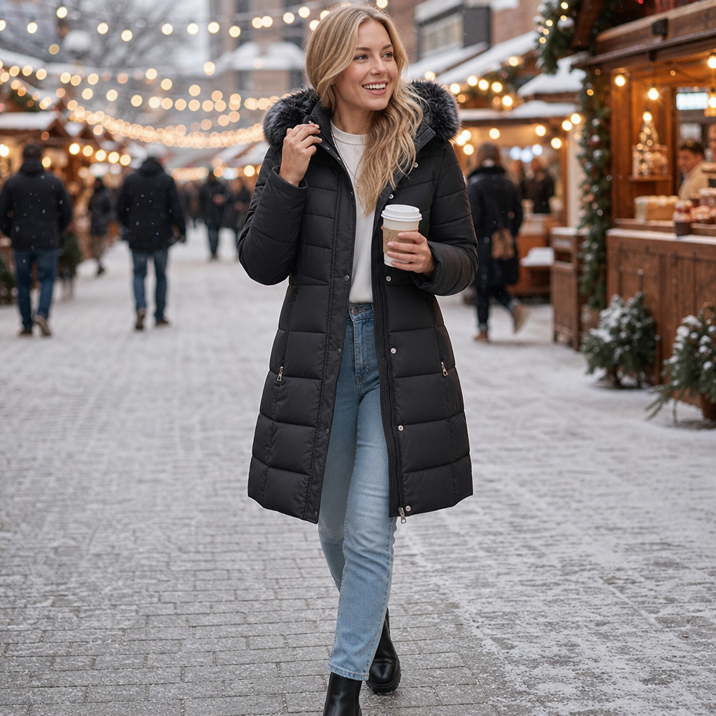 Chevronwarm Longline Puffer Coat With Fur Hood - Elena Harper