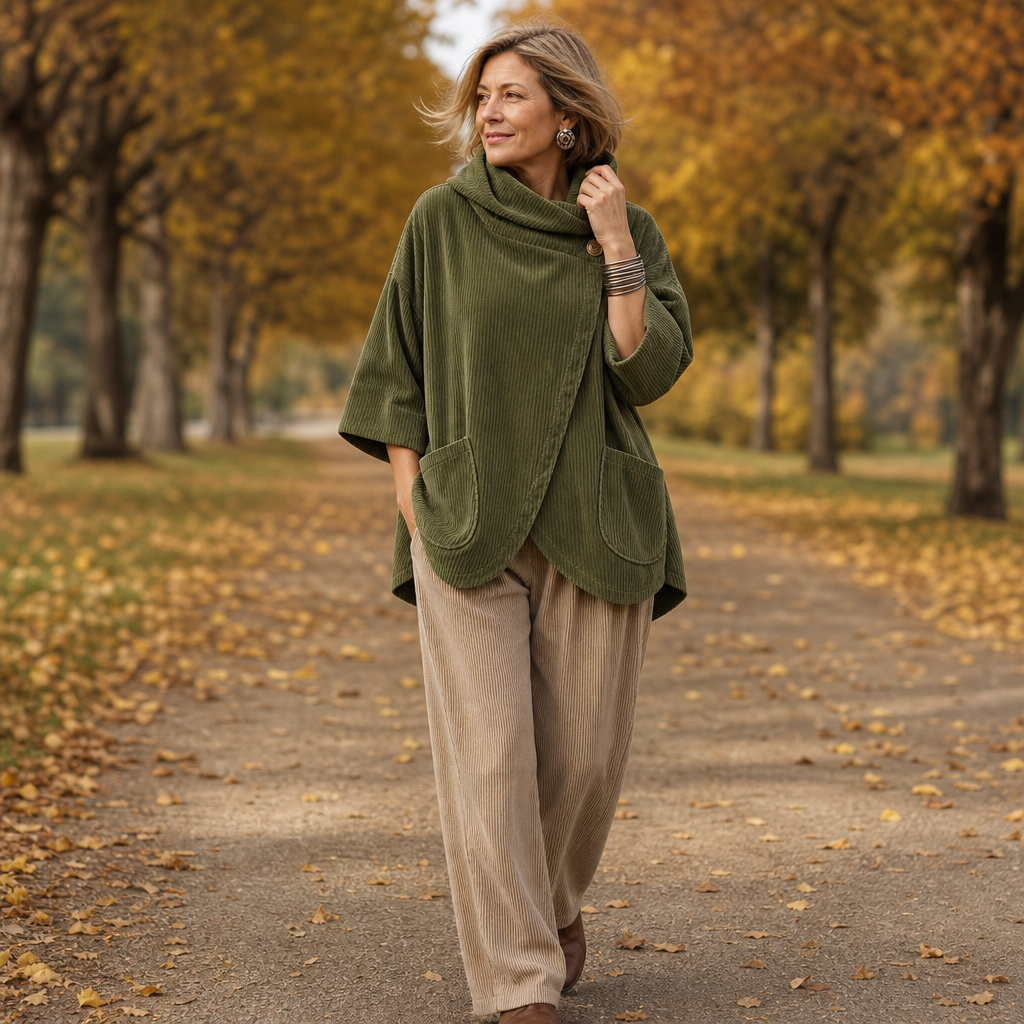Draperly Asymmetric Hem Hooded Corduroy Poncho - Elena Harper