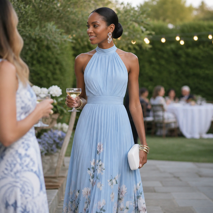 Corima Halter Bow-Back Pleated Maxi Dress - Elena Harper