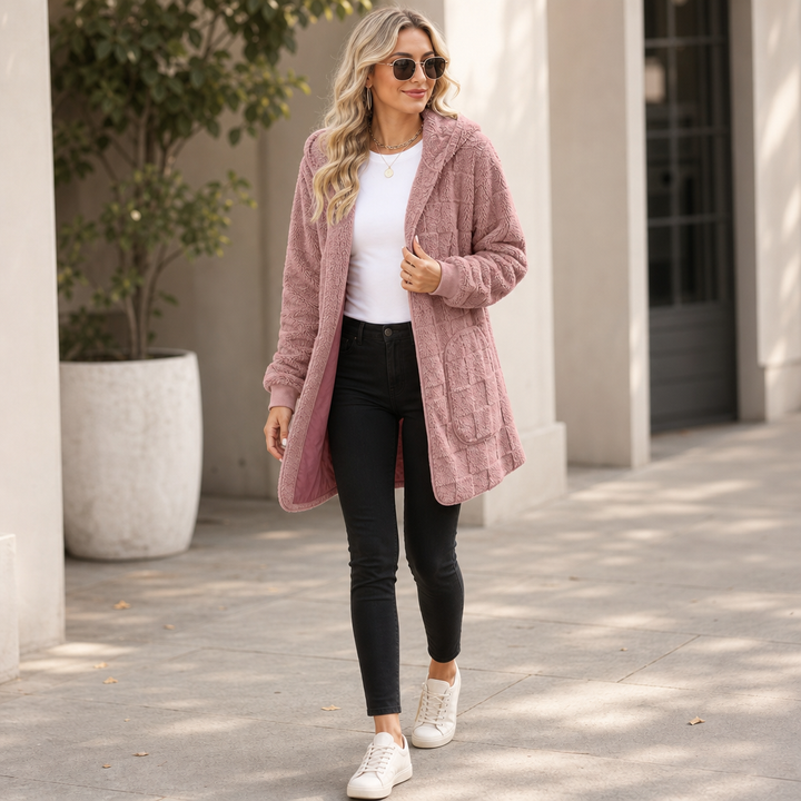 Checkora Fluffy Checked Open-Front Cardigan - Elena Harper
