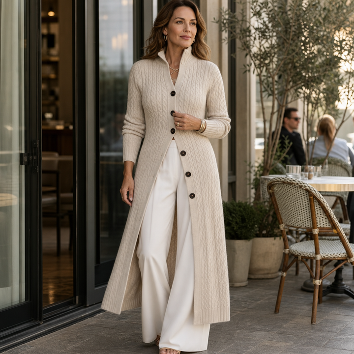 Cablewick Vertical Cable-Knit Open-Front Duster Cardigan - Elena Harper