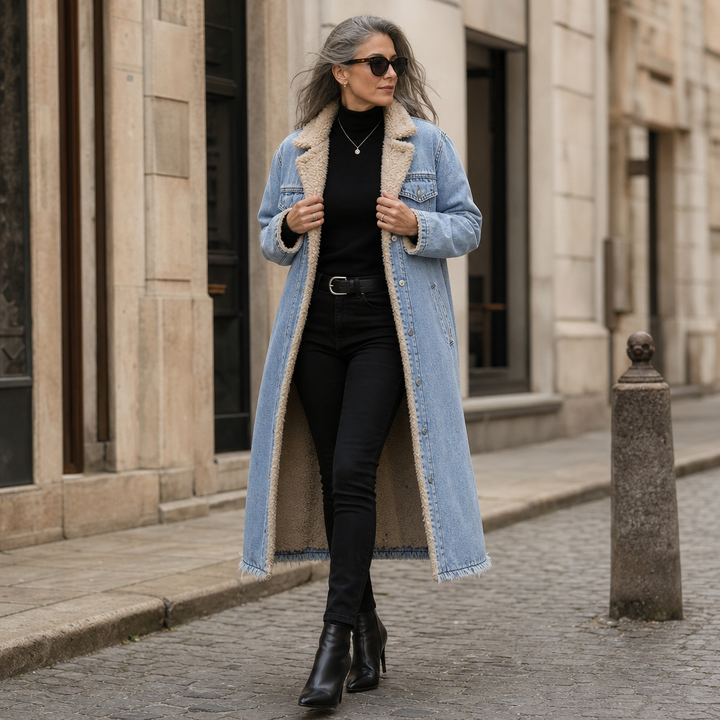 Denora Sherpa-Lined Full-Length Denim Coat - Elena Harper