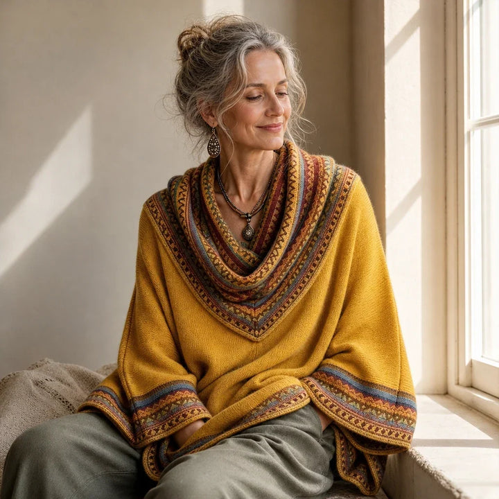Cowl & Clover Geometric Cowl-Neck Knit Poncho Top - Elena Harper