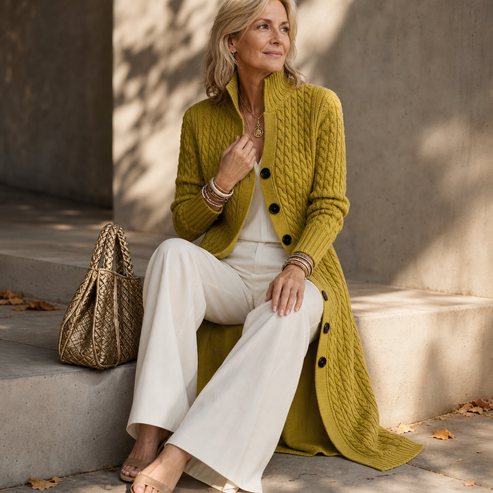 Cablemere High Collar Cable-Knit Duster Cardigan - Elena Harper