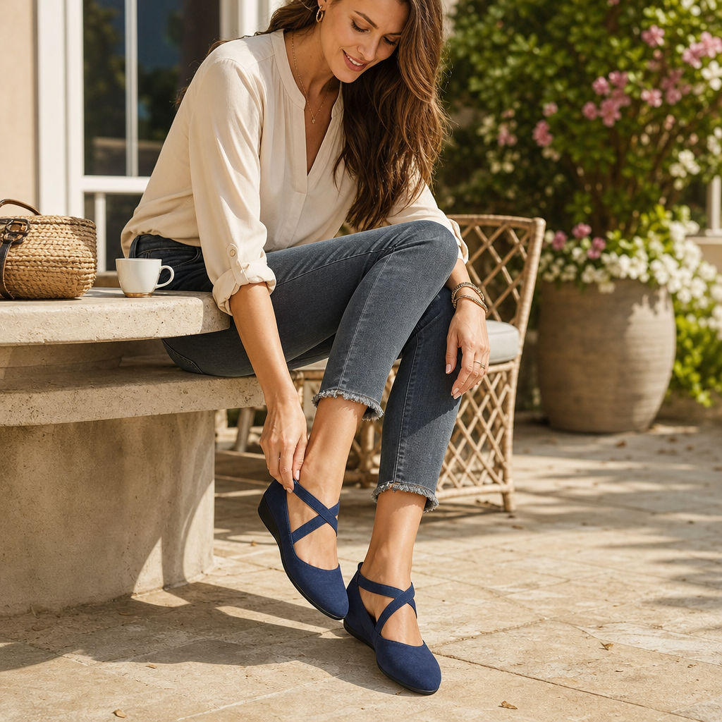 Elara Wedge Crisscross Elastic Strap Wedge Flats - Elena Harper