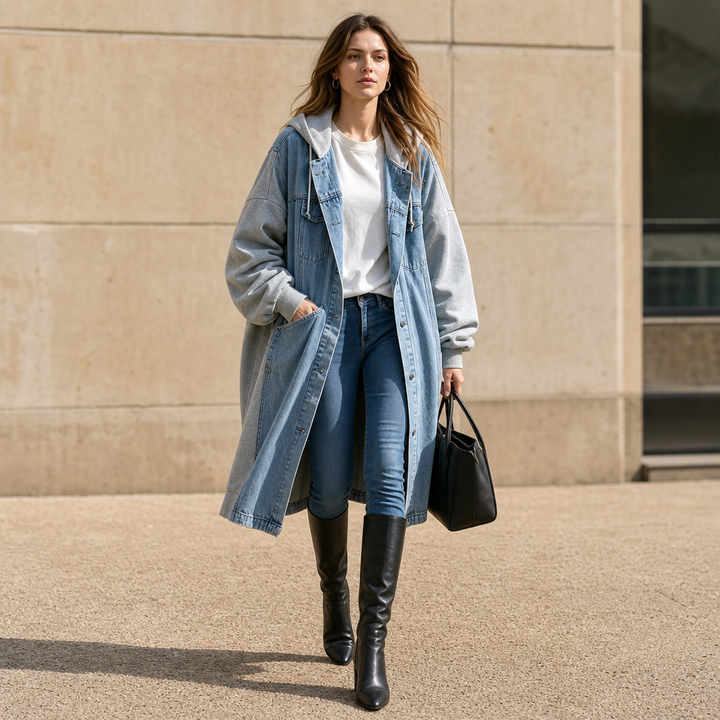 Denimova Washed Denim-Look And Hooded Sweatshirt Jacket - Elena Harper