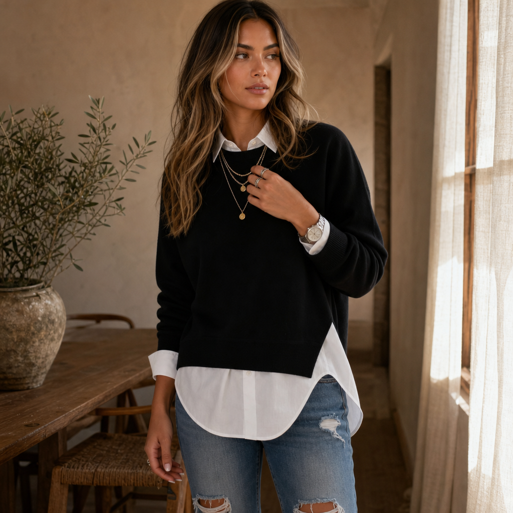 Averlyn Layered Mock Shirt Collar Crewneck Sweatshirt - Elena Harper