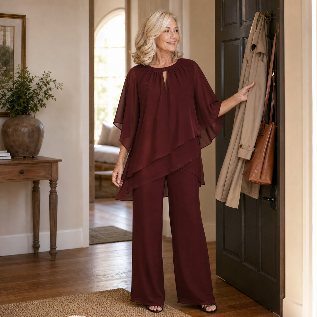 Draperie Asymmetric Chiffon-Overlay Wide-Leg Trouser Set - Elena Harper
