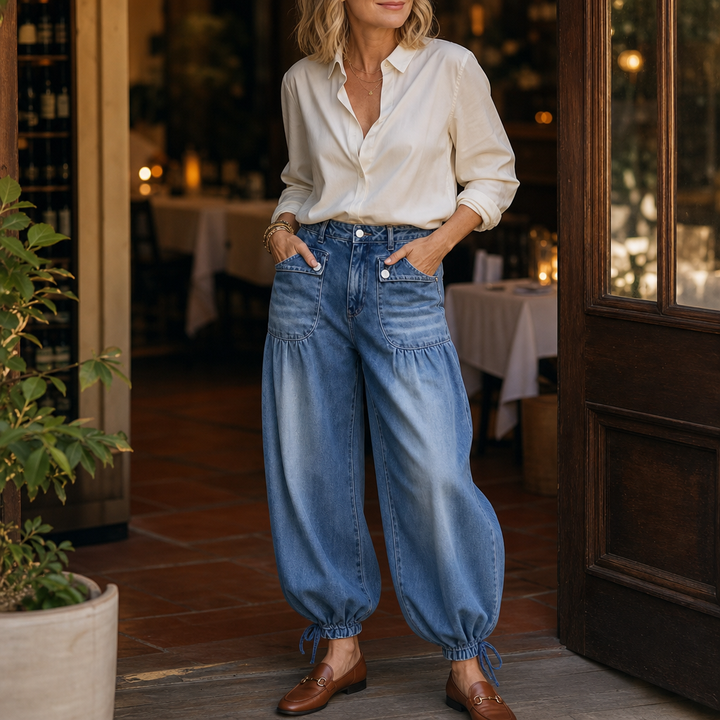 Balloon & Cinch Drawstring Cuff Wide-Leg Balloon Jeans - Elena Harper