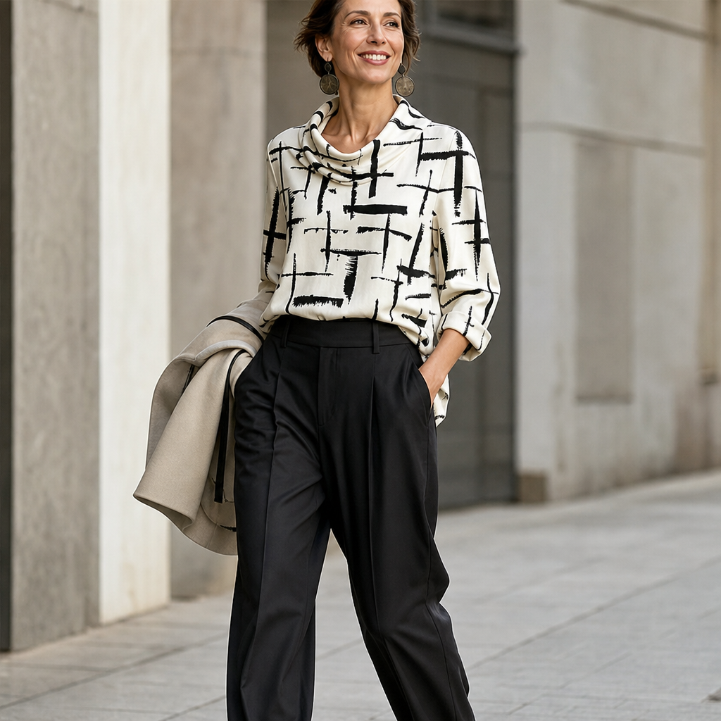 Cowlina Cross-Print Cowl-Neck 3/4-Sleeve Blouse - Elena Harper