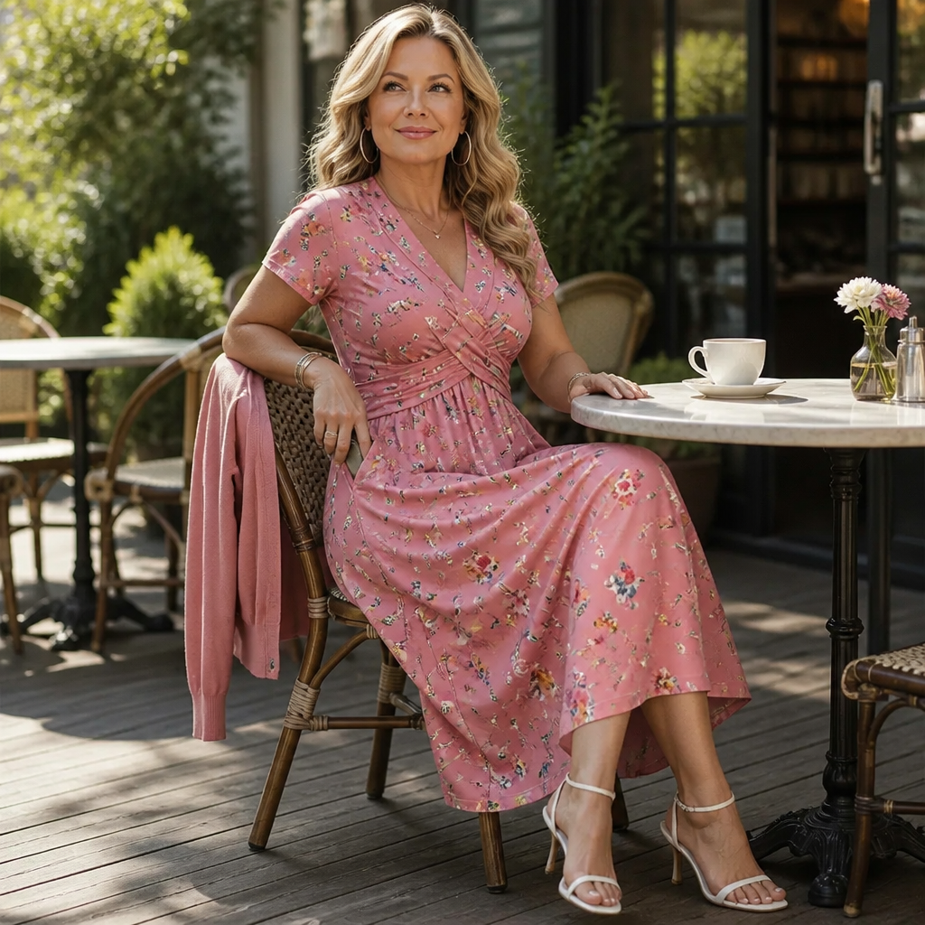 Curvella Twist-Waist Floral V-Neck Midi Dress - Elena Harper