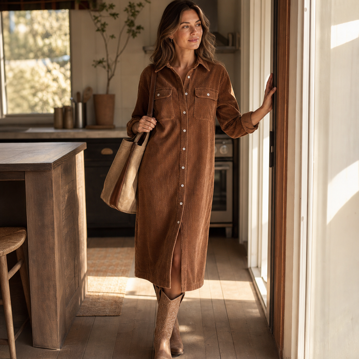 Corvella Ribbed Corduroy Button-Front Shirt Dress - Elena Harper