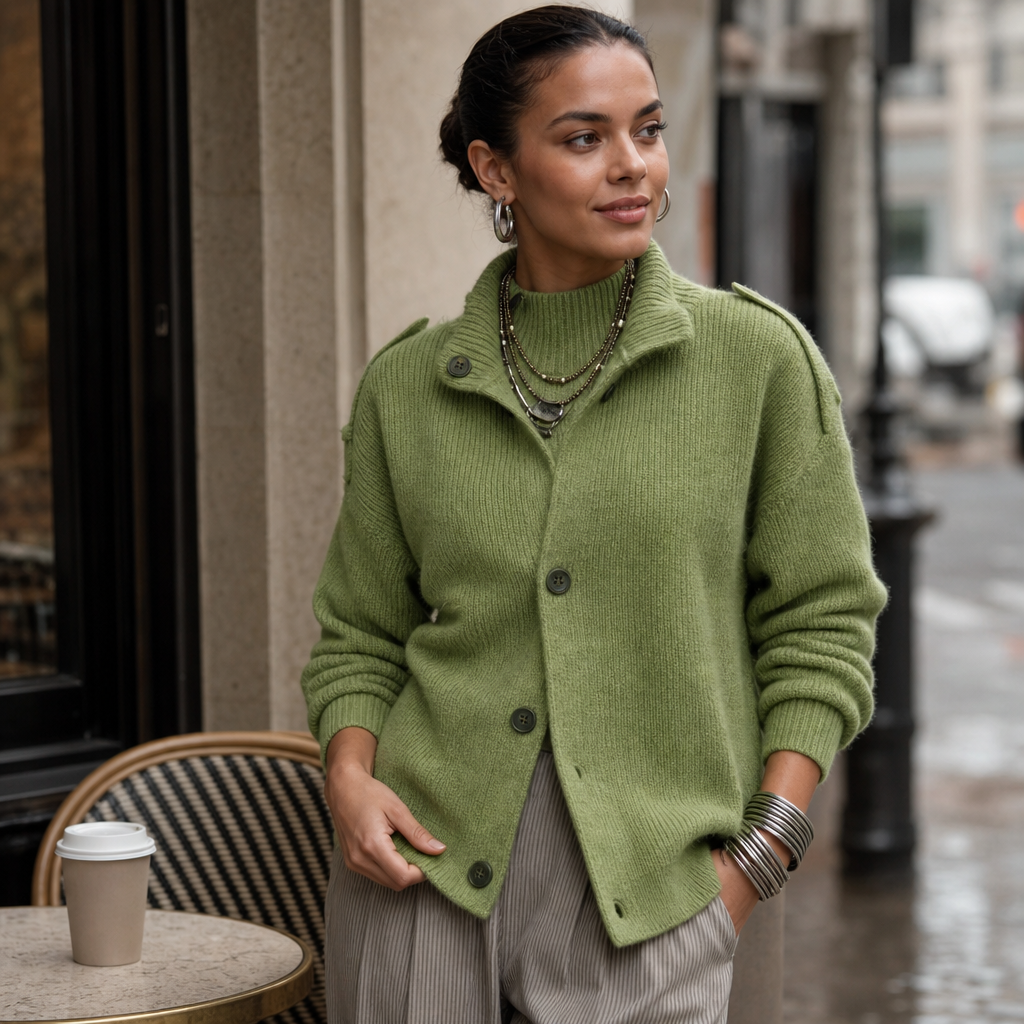 Diavelle Diagonal Button High-Collar Knit Cardigan - Elena Harper