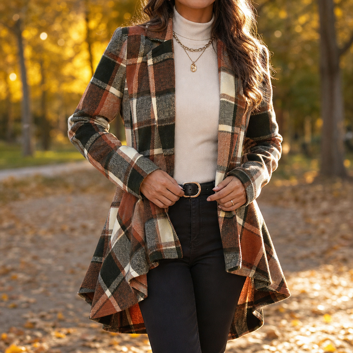 Cinchella Plaid High-Low Peplum Waist Coat - Elena Harper