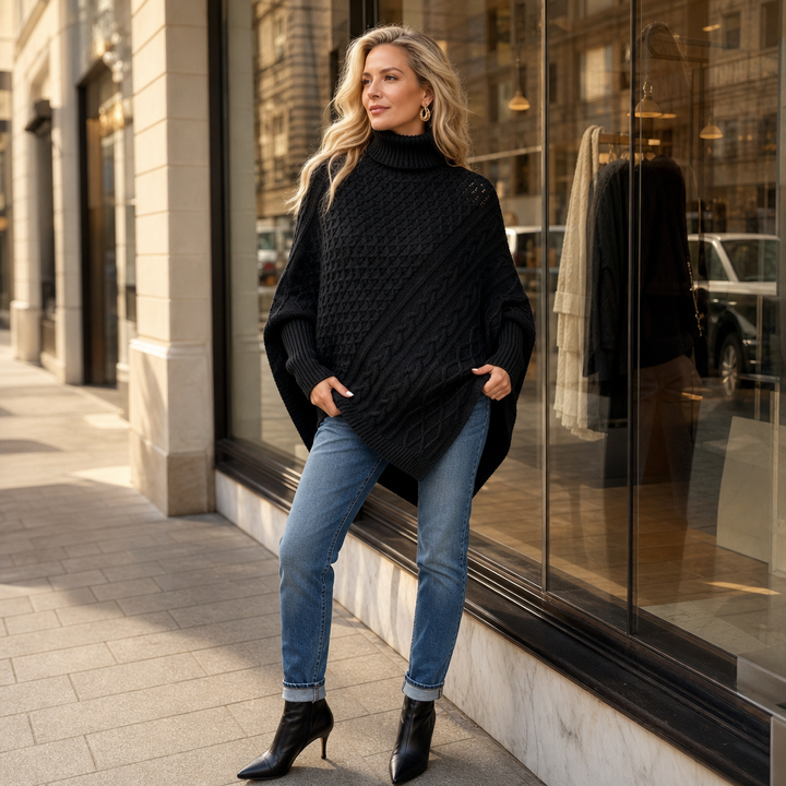 Cabelune Cable-Knit Asymmetric Poncho Sweater - Elena Harper