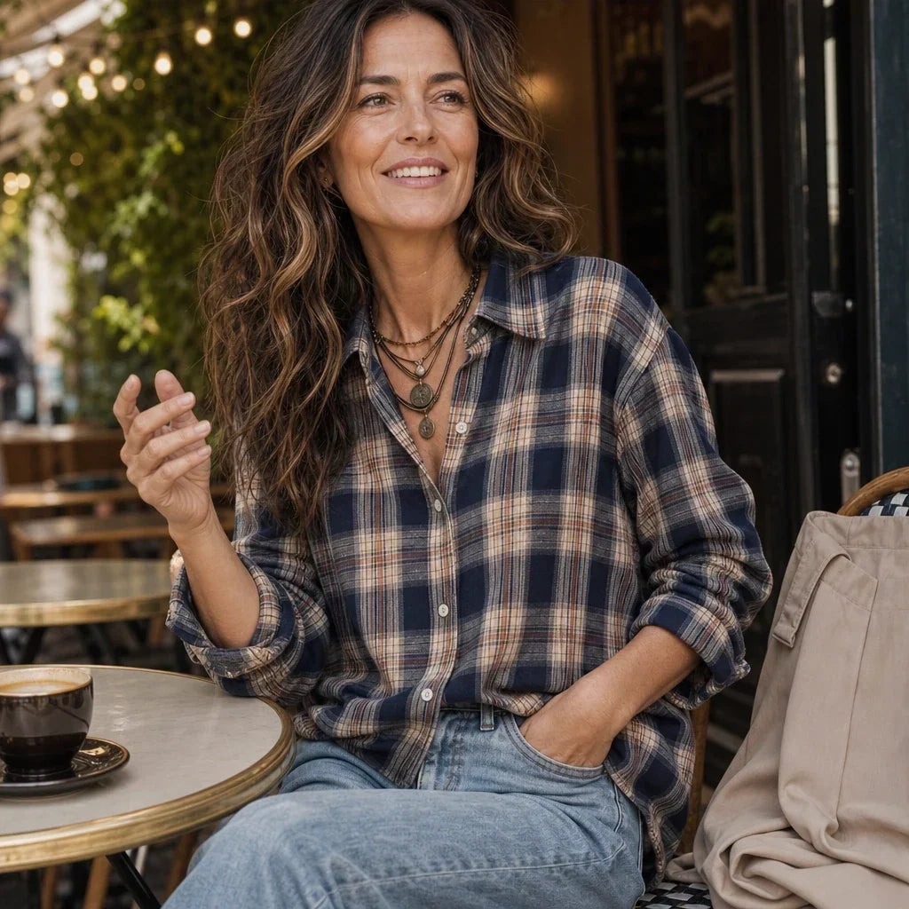 Caledon Plaid Button-Front Long-Sleeve Blouse - Elena Harper