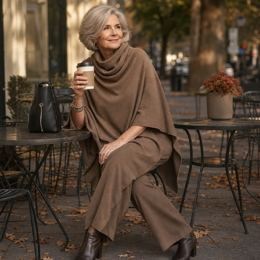 Draveil Cowl-Neck Cape Top And Wide-Leg Pants Set - Elena Harper