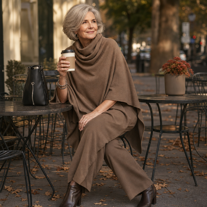Draveil Cowl-Neck Cape Top And Wide-Leg Pants Set - Elena Harper