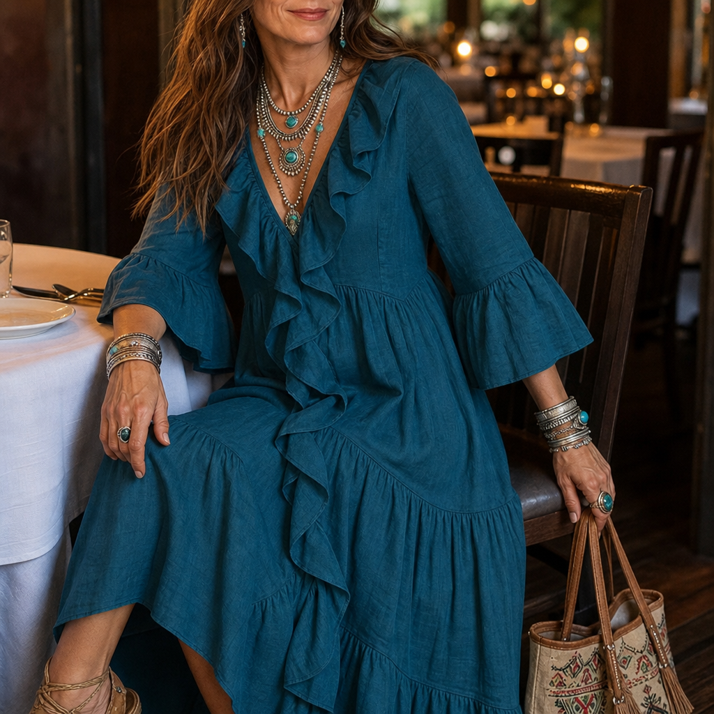 Cascada High-Low Ruffle V-Neck Bell Sleeve Dress - Elena Harper