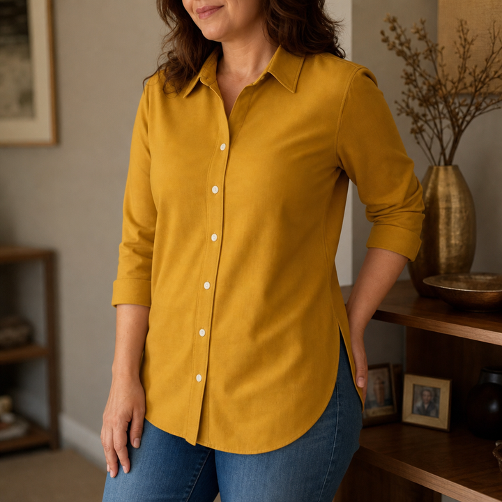 Elara Curve Curved-Hem Stretch Button-Front Shirt - Elena Harper