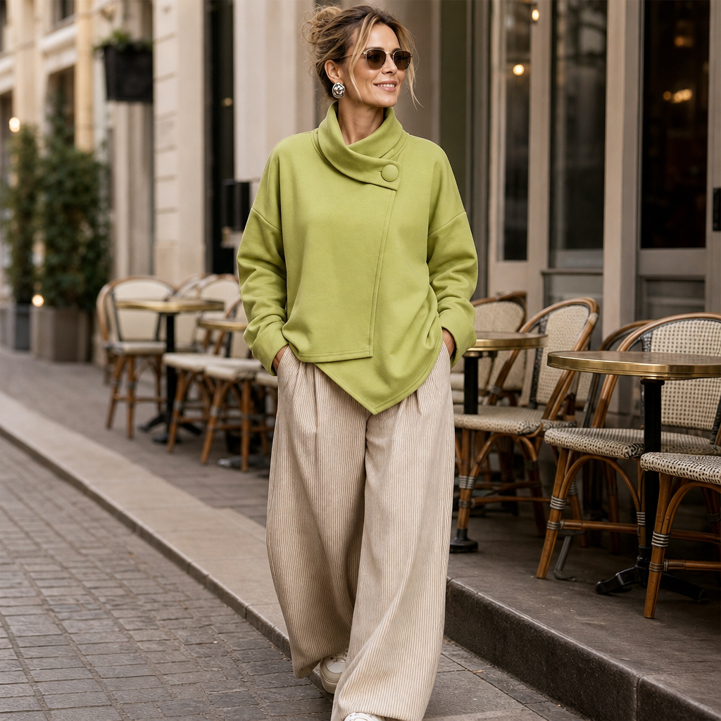 Draperly Asymmetric Cowl Neck Button Sweatshirt - Elena Harper