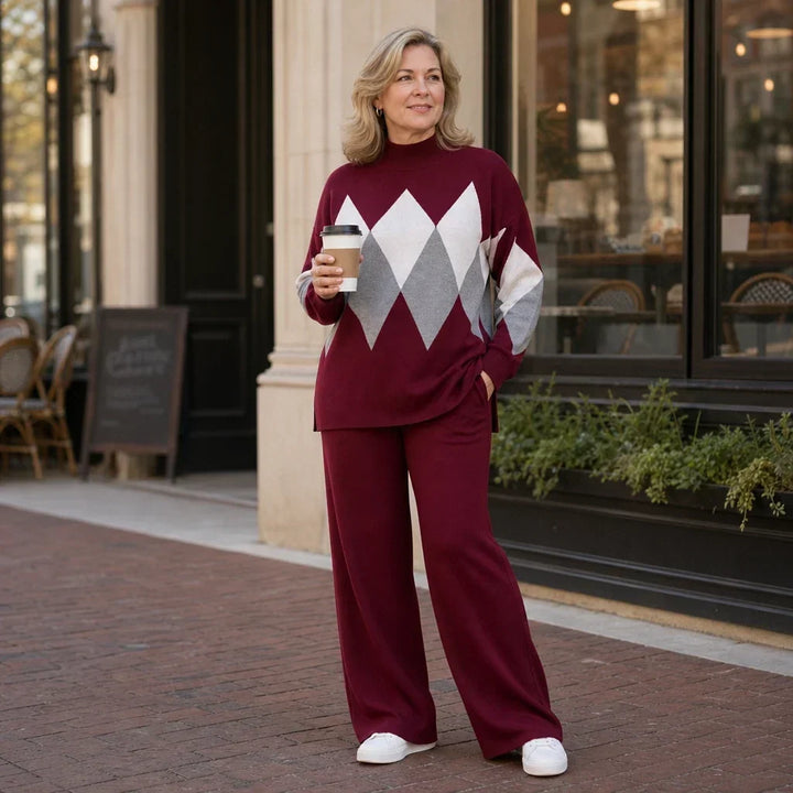 Argyle Ease Argyle Knit Sweater And Wide-Leg Trouser Set - Elena Harper