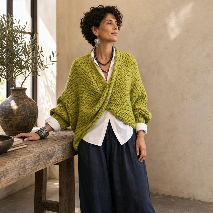 Crossovera Chunky Knit Crossover V-Neck Sweater - Elena Harper