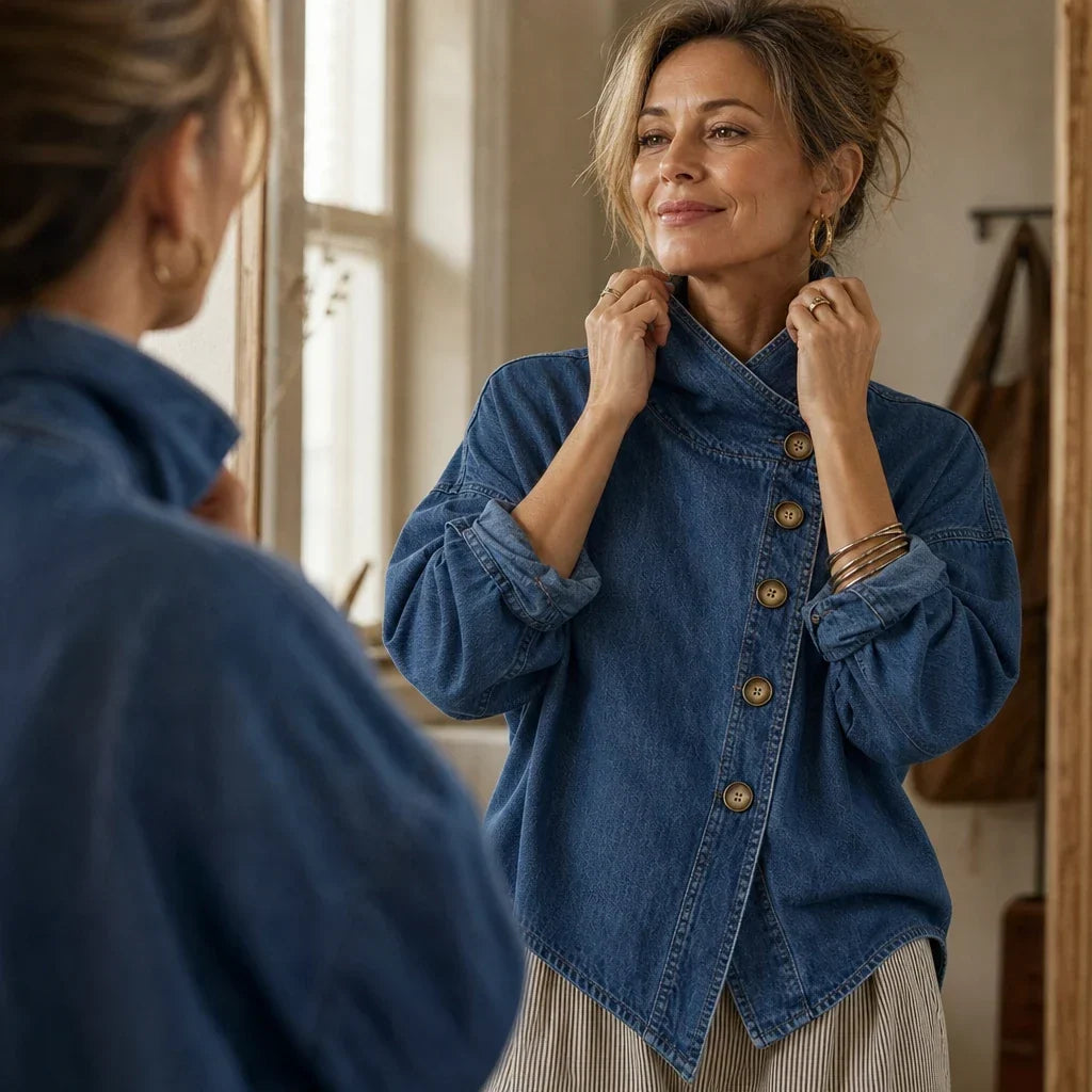 Angled Denim Asymmetric Button Stand-Collar Denim-Look Jacket - Elena Harper