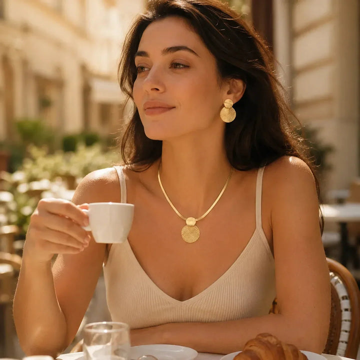 Aurenza Gold necklace and earring set, textured medallion, flat snake chain - Elena Harper