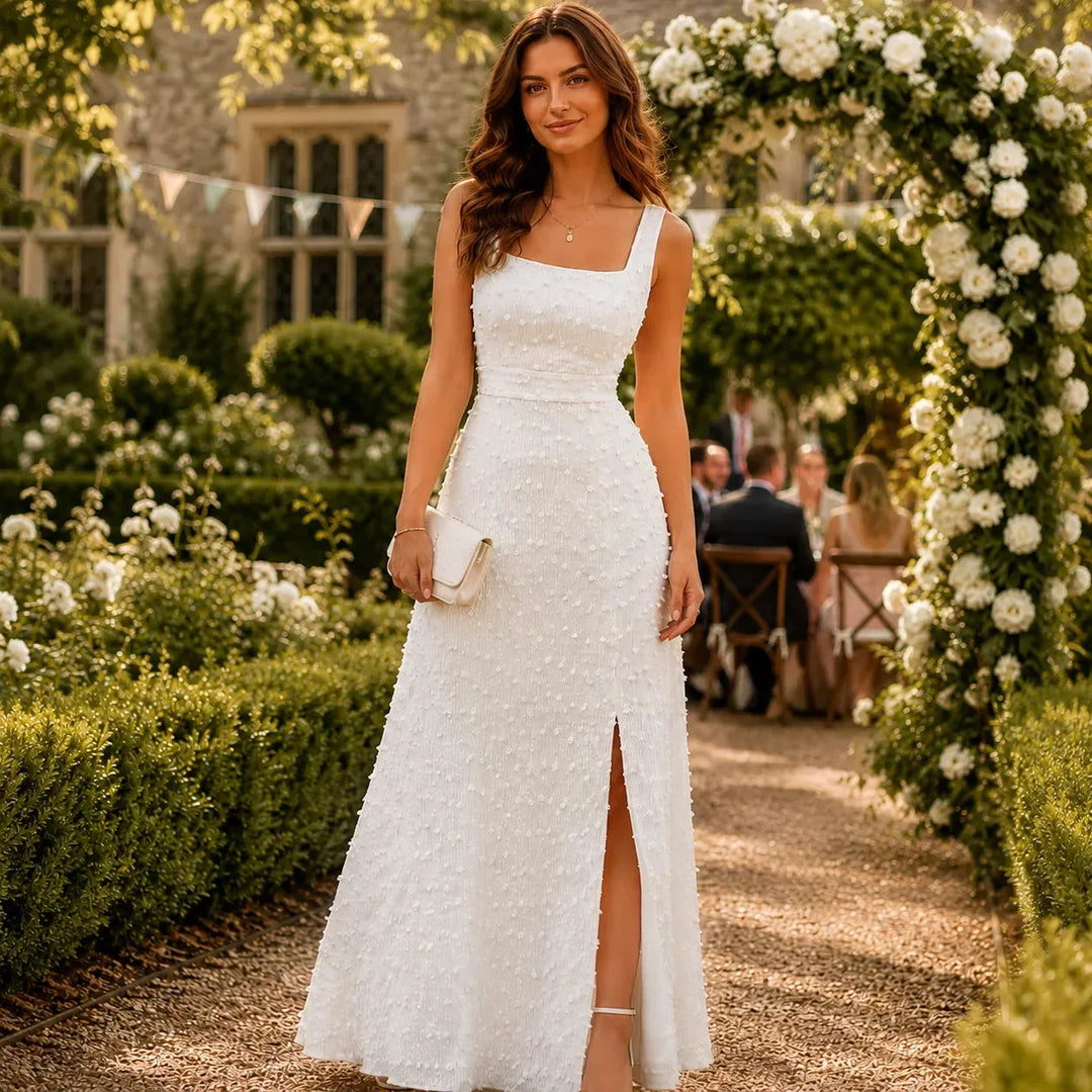 Aveline Textured Square Neck Maxi Dress with Back Bow - Elena Harper