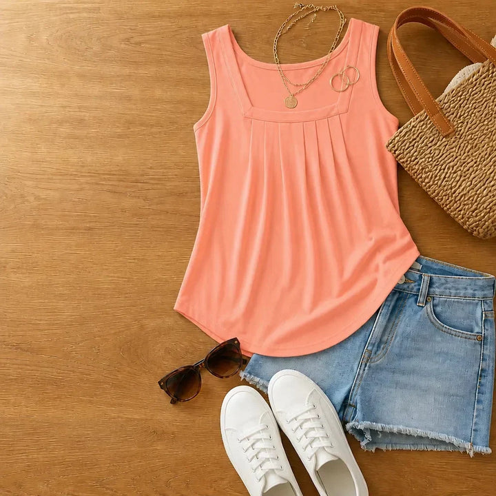 Bellara Pleated Square Neck Tank Top for Women, Loose Fit Summer Blouse - Elena Harper