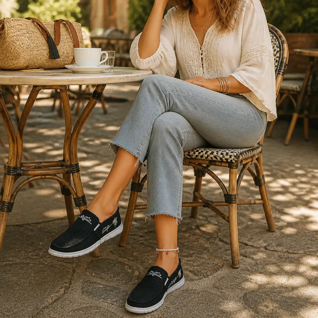 Breeza Women's Distressed Canvas Slip-On Loafers with Frayed Edges - Elena Harper
