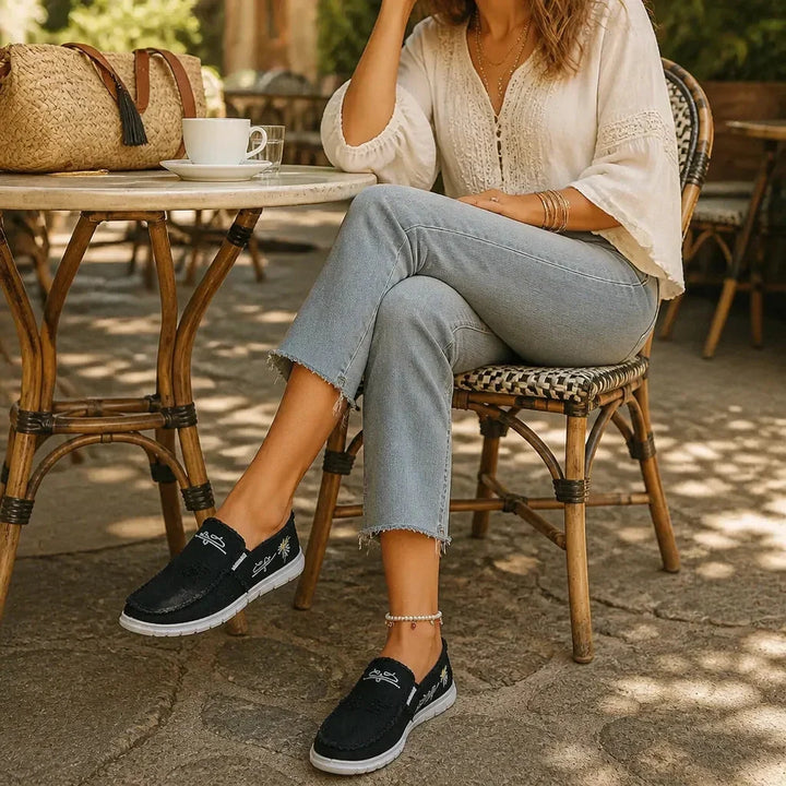 Breeza Women's Distressed Canvas Slip-On Loafers with Frayed Edges - Elena Harper