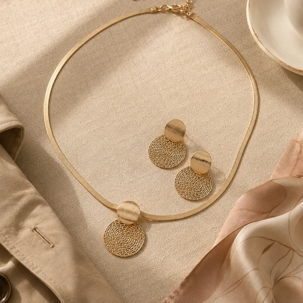 Aurenza Gold necklace and earring set, textured medallion, flat snake chain - Elena Harper