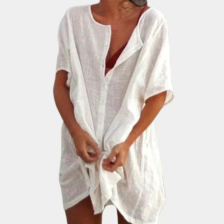 Linen-Blend Beach Tunic, view 2 - Elena Harper