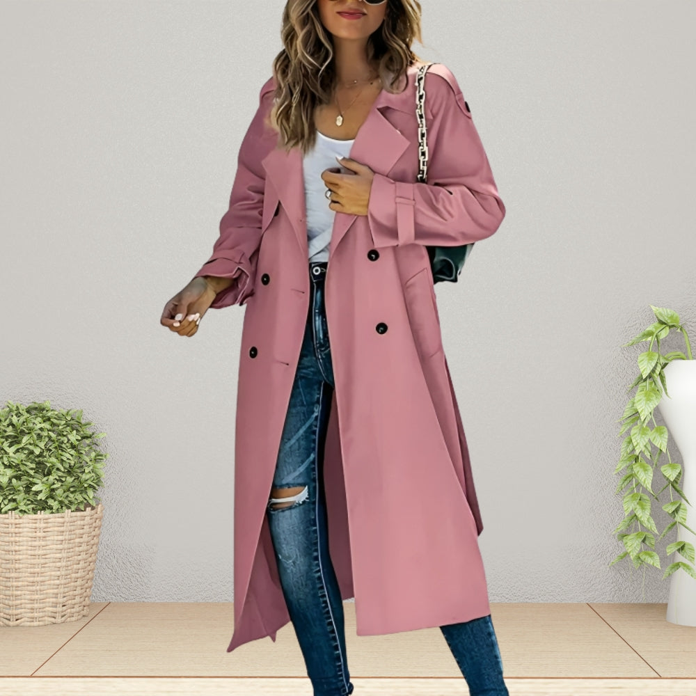 Luxe Women's Trench Coat with Double-Breasted Buttons and Turn-Down Collar