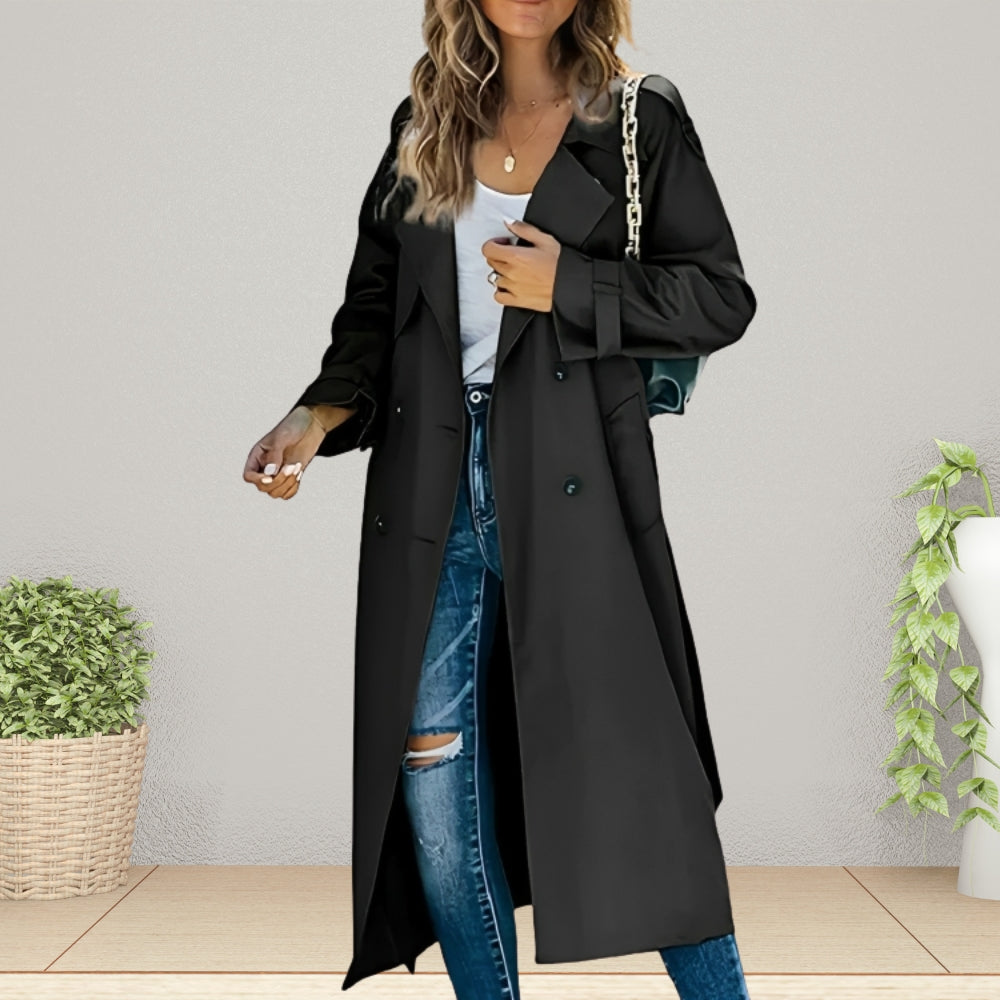 Luxe Women's Trench Coat with Double-Breasted Buttons and Turn-Down Collar