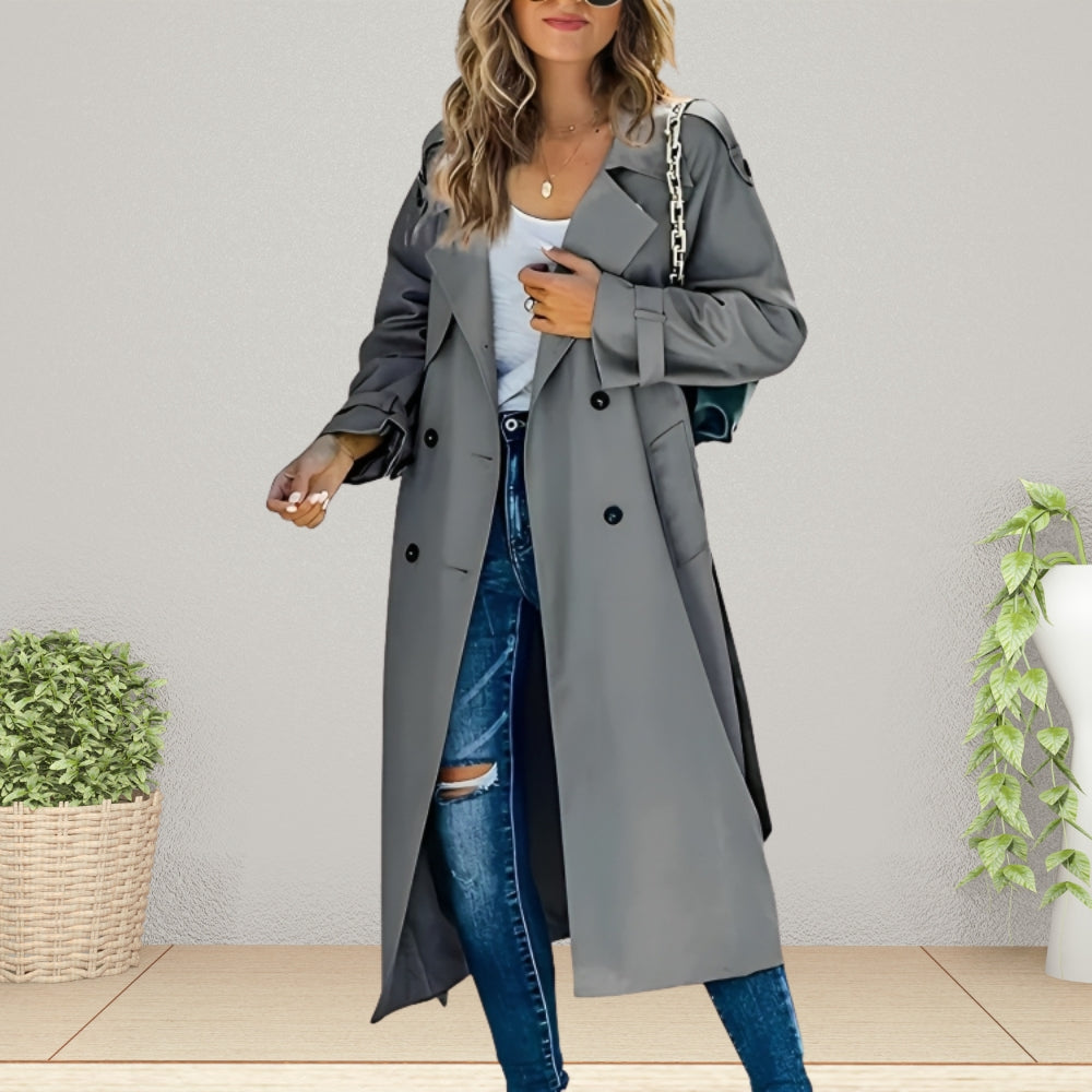 Luxe Women's Trench Coat with Double-Breasted Buttons and Turn-Down Collar
