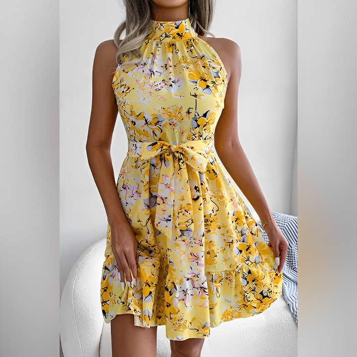 Floral Print A-Line Mini Dress with Halter Neck Perfect for Sunny Days, view 4 - Elena Harper