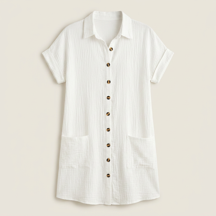 Ladies Blouse Dress Cotton Muslin with Wooden Buttons, view 4 - Elena Harper