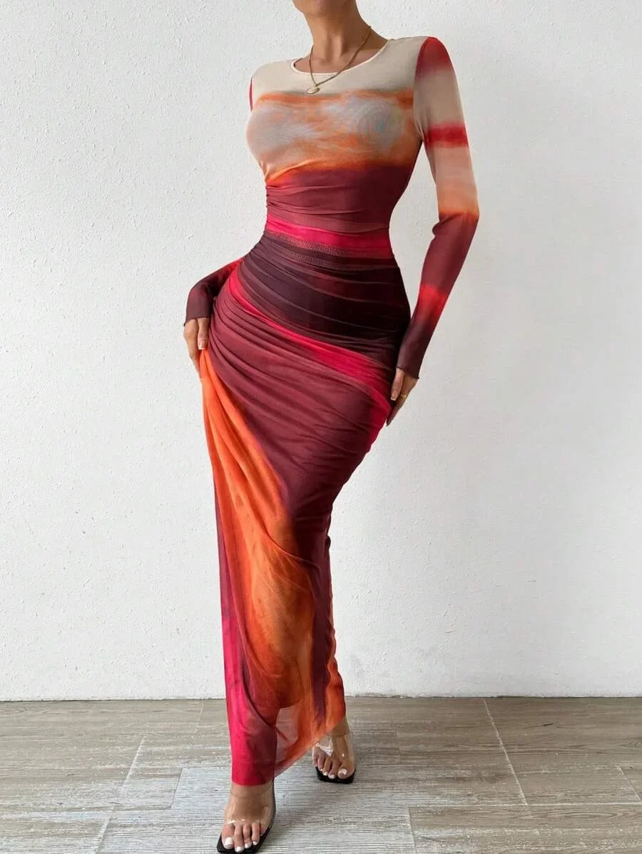 Serene - Printed Tight-Fitting Long Sleeves Dress