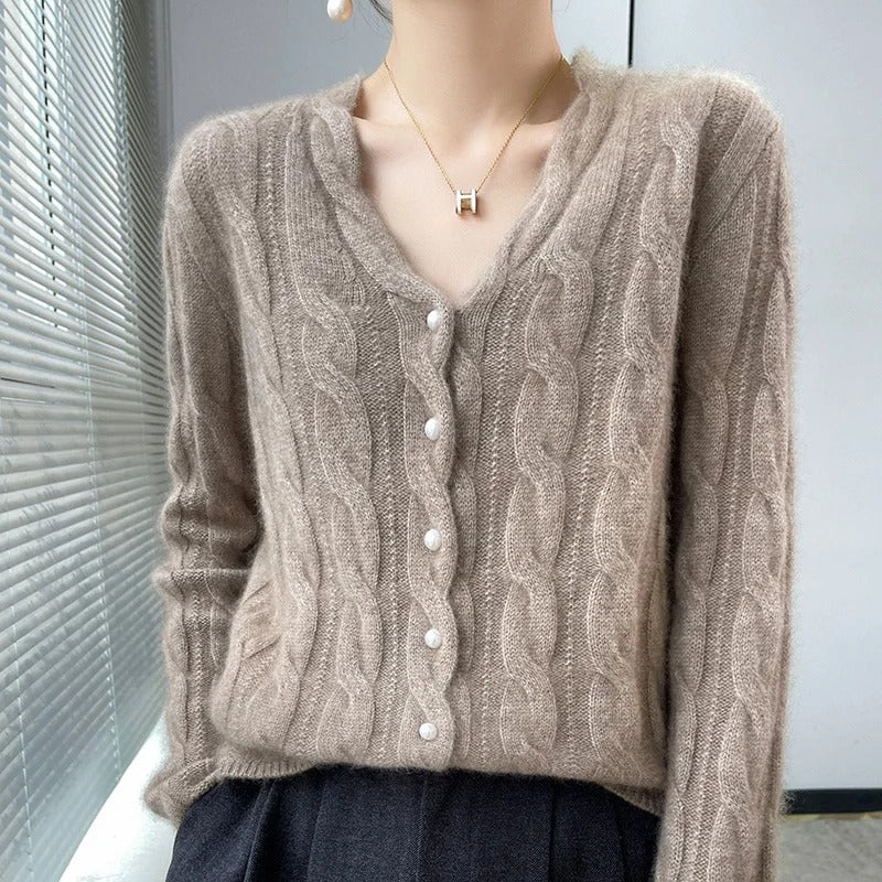 Athena | Wool Cable Cardigan with Pearl Buttons and V Neck for Women
