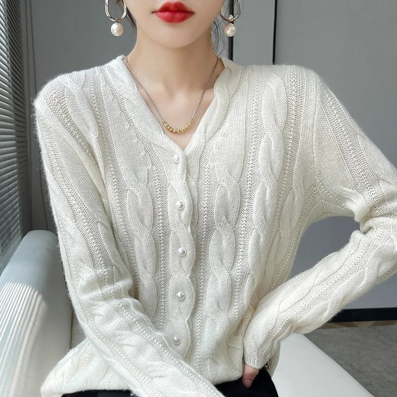 Athena | Wool Cable Cardigan with Pearl Buttons and V Neck for Women