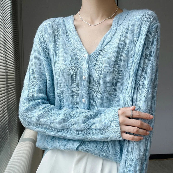 Athena | Wool Cable Cardigan with Pearl Buttons and V Neck for Women