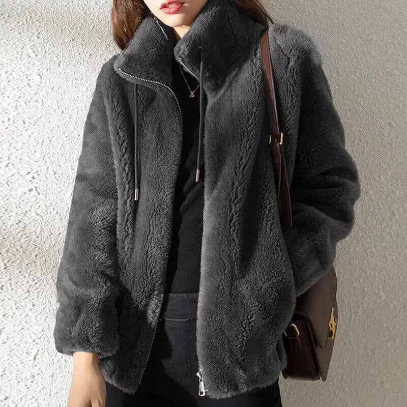 Plain and Cozy Women's Coat with Drawstring – Casual Winter Outerwear, Soft and Comfortable